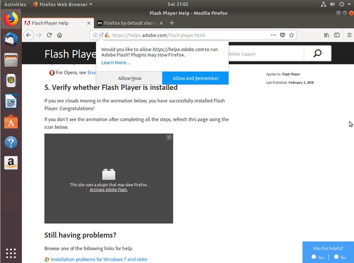allow flash player firefox 18.04 ubuntu bionic