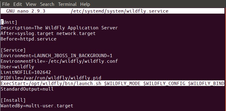 Edit wildfly.service file