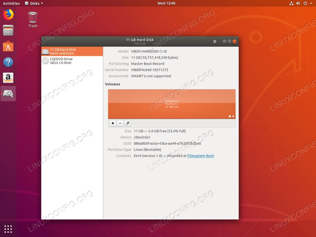 Check disk space on Ubuntu 18.04 using disks tool.