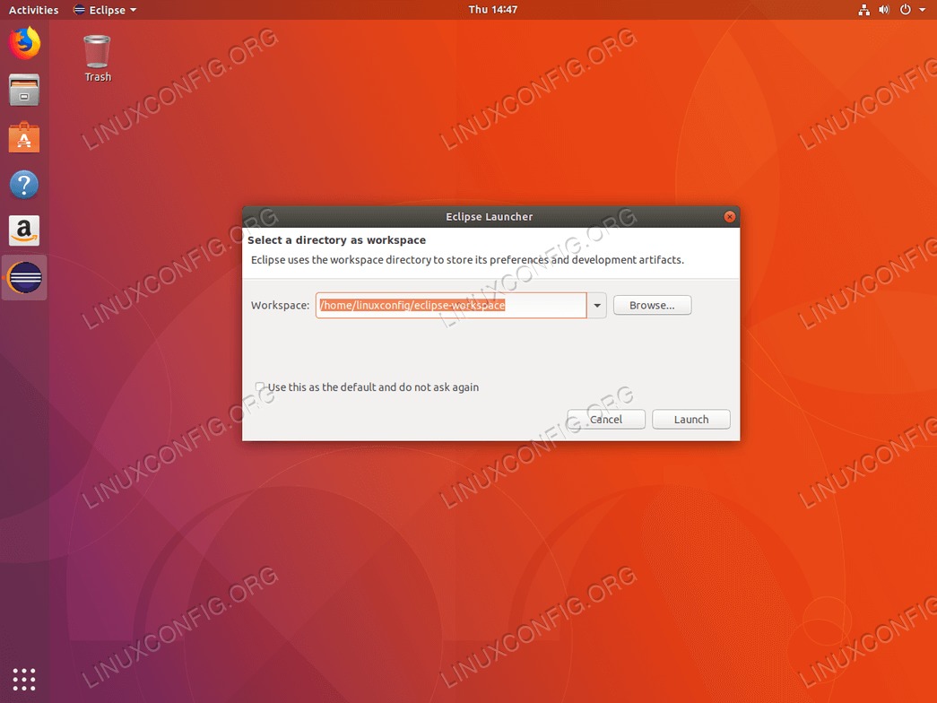 Select Eclipse IDE workspace - Ubuntu 18.04