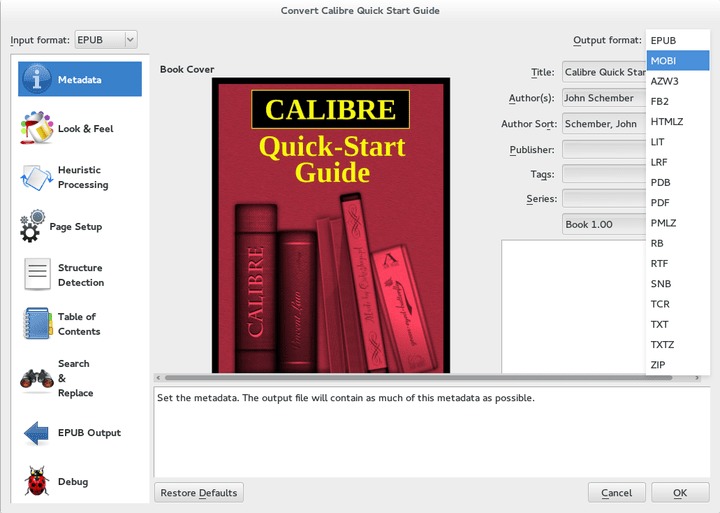 convert ebook to amazon kindle mobi using calibre - linux