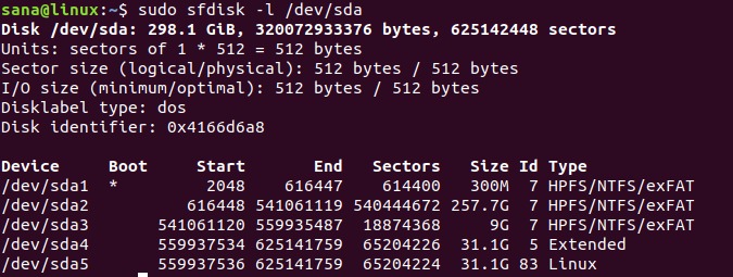 Partitions shown by sfdisk command