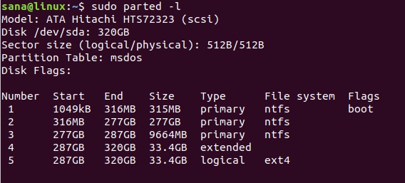 Result of using parted -l command