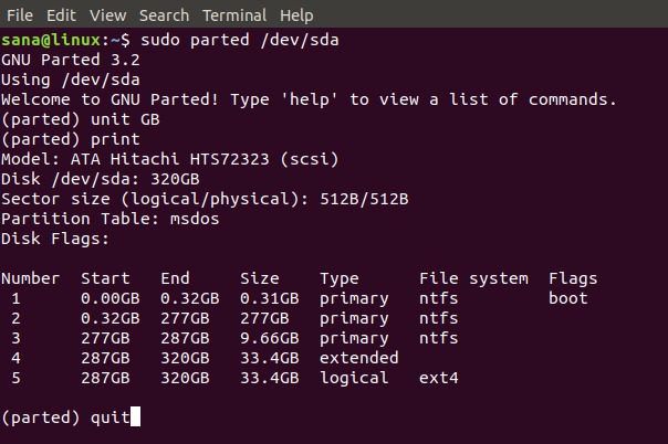 Using parted command