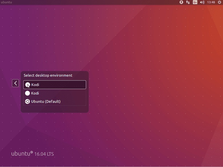 Ubuntu 16.04 select KODI session button