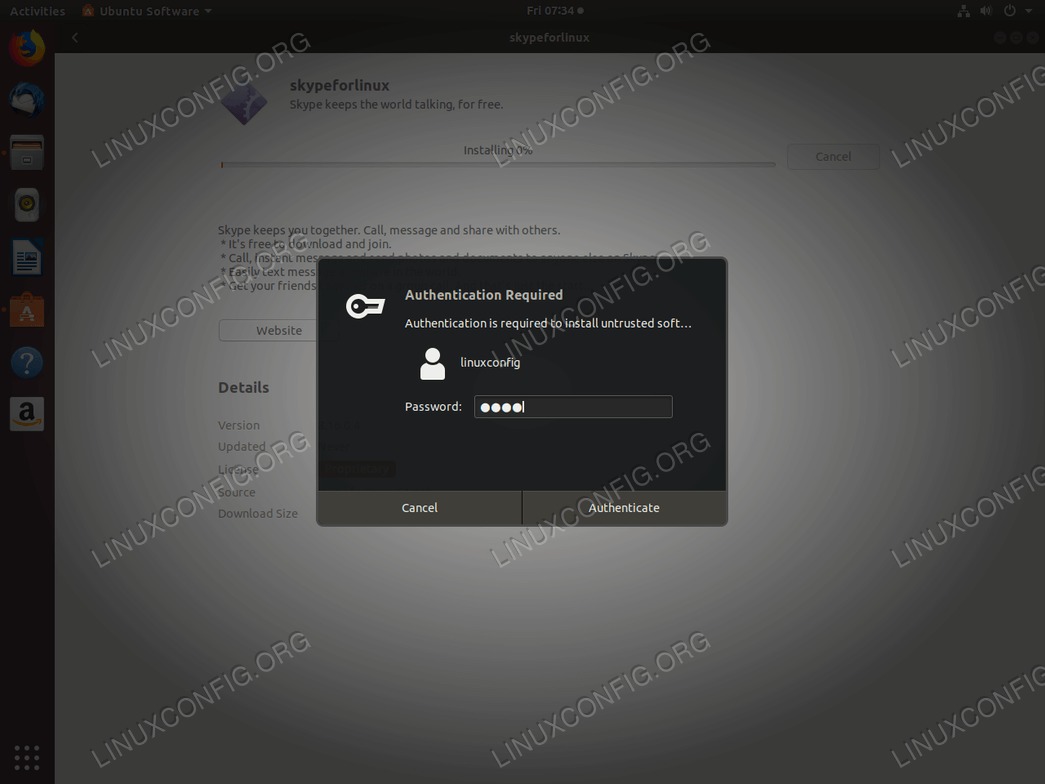 continue with the DEB file installation enter password - Ubuntu 18.04
