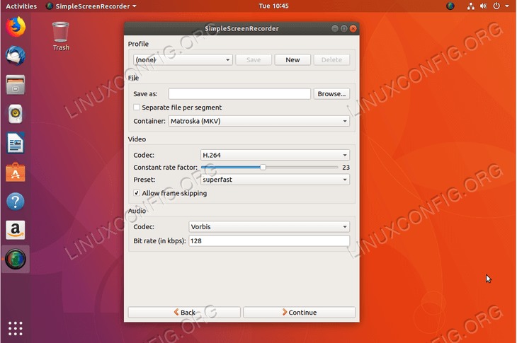simplescreenrecorder on Ubuntu 18.04 Bionic Beaver Linux - select codec