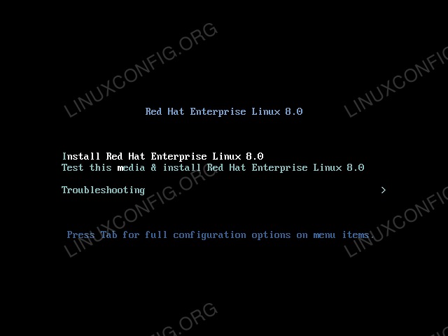 Red Hat Enterprise Linux 8 boot menu.