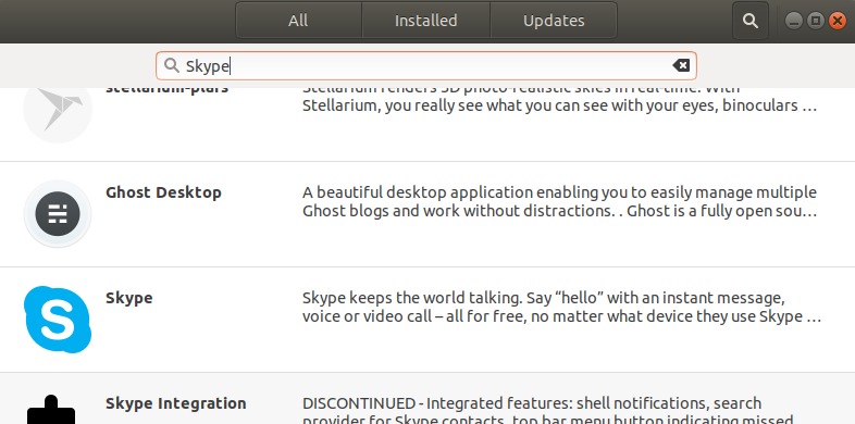 Search for skype in software package list