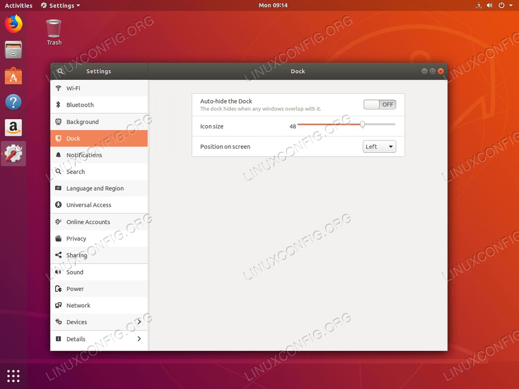 Using settings windows to customize dock on Ubuntu 18.04 Gnome Desktop