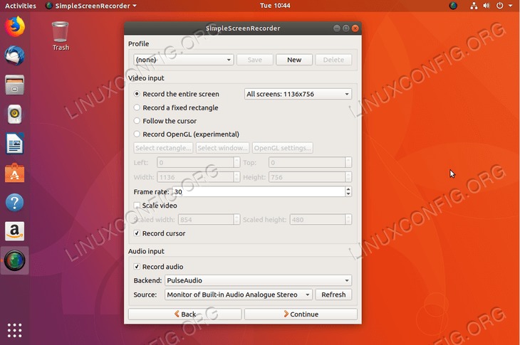 simplescreenrecorder on Ubuntu 18.04 Bionic Beaver Linux -  select profile and audio