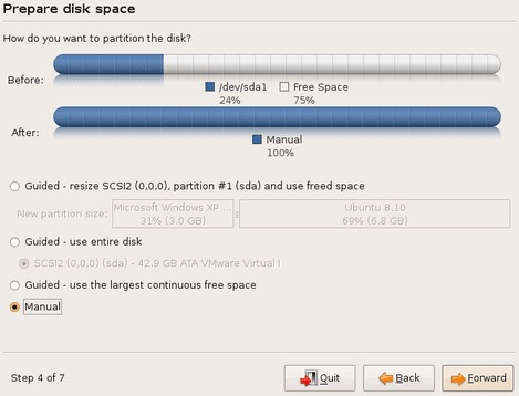 Prepare disk space for linux partitions