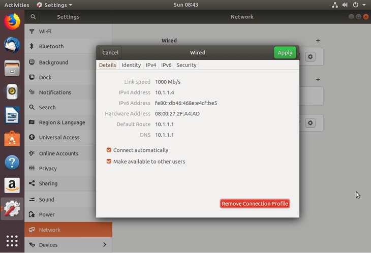 ubuntu 18.04 bionic beaver show IP address from GUI