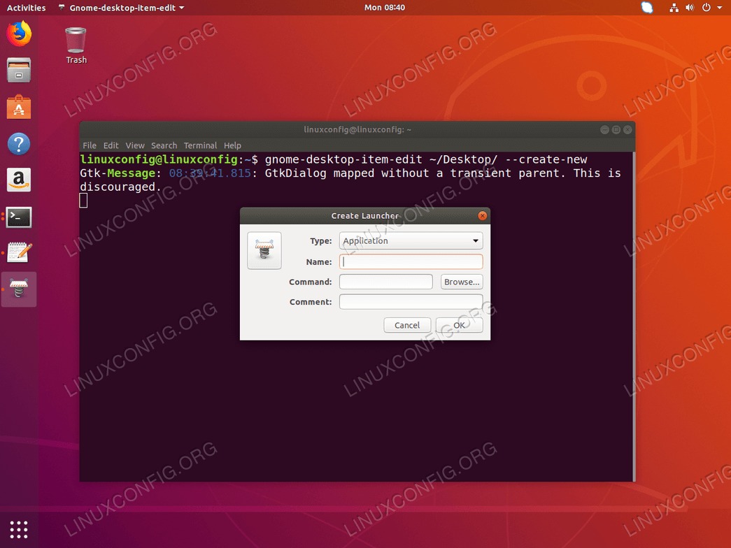 Create Desktop Shortcut launcher - Ubuntu 18.04 - gnome-desktop-item-edit 