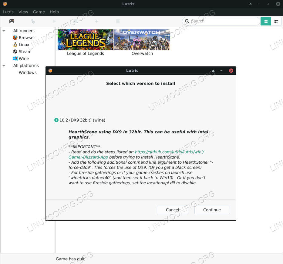 Lutris Begin Hearthstone Install