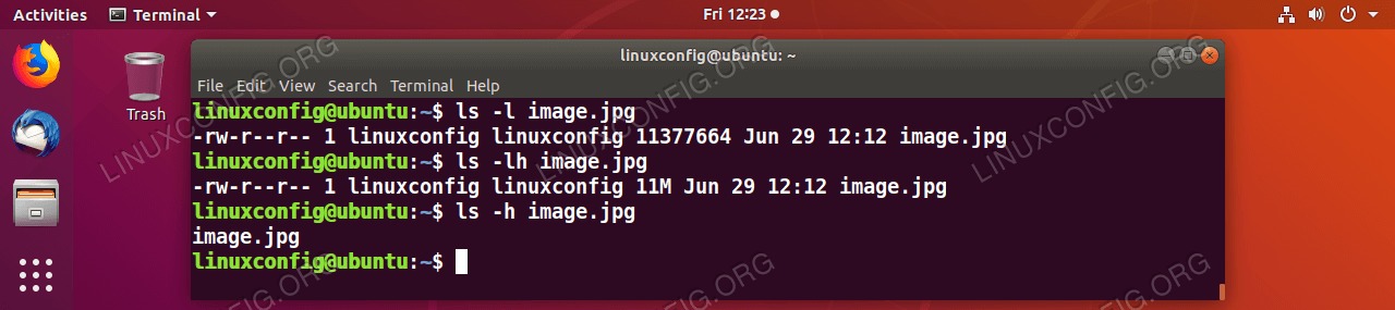 Display the file size using the ls Linux command.