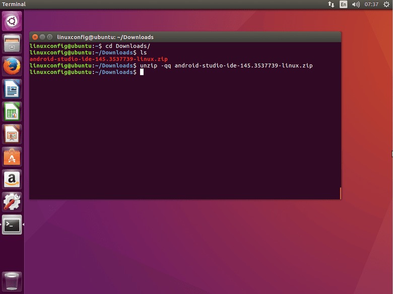ubuntu 16.04 Xenial unzip android studio