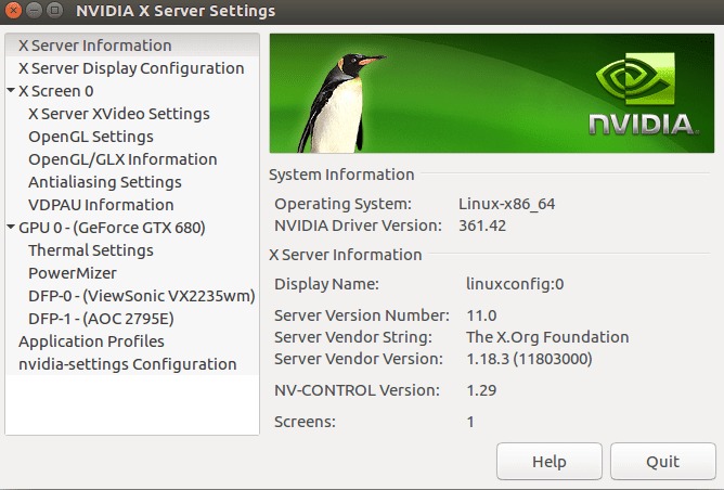 NVIDIA configuration menu