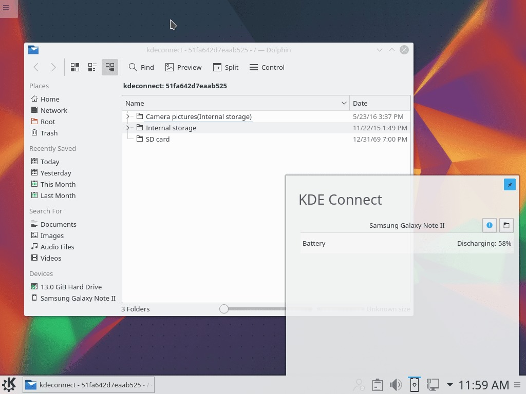KDE Connect displaying battery levels and files