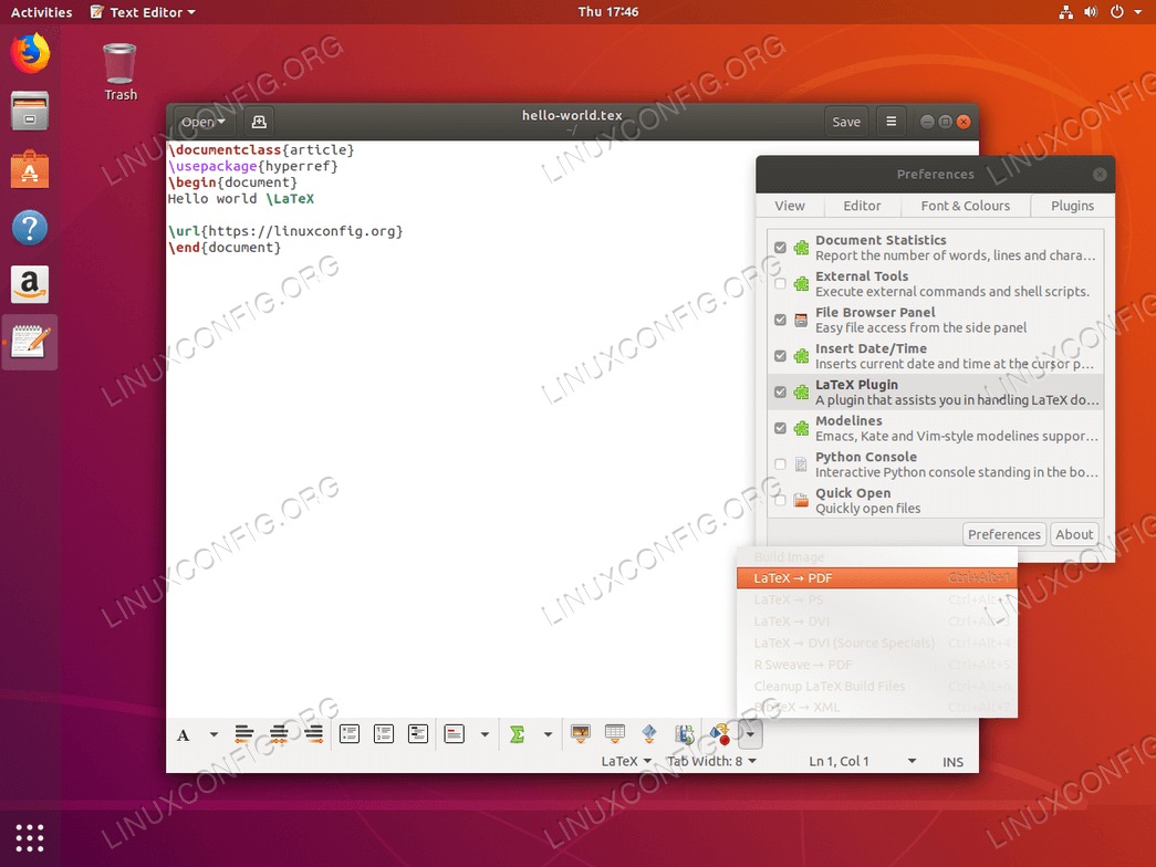 gedit - with LaTeX plugin support on Ubuntu 18.04