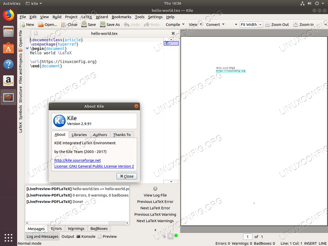 Kile - KDE based LaTeX editor on Ubuntu 18.04