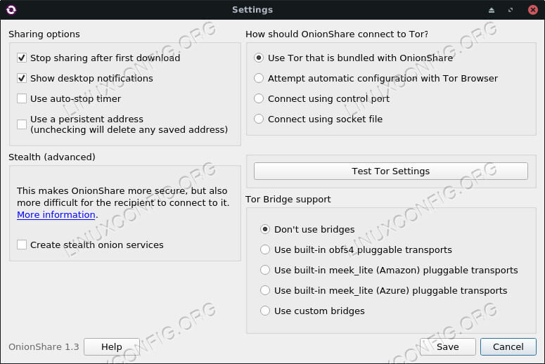 Onionshare Settings