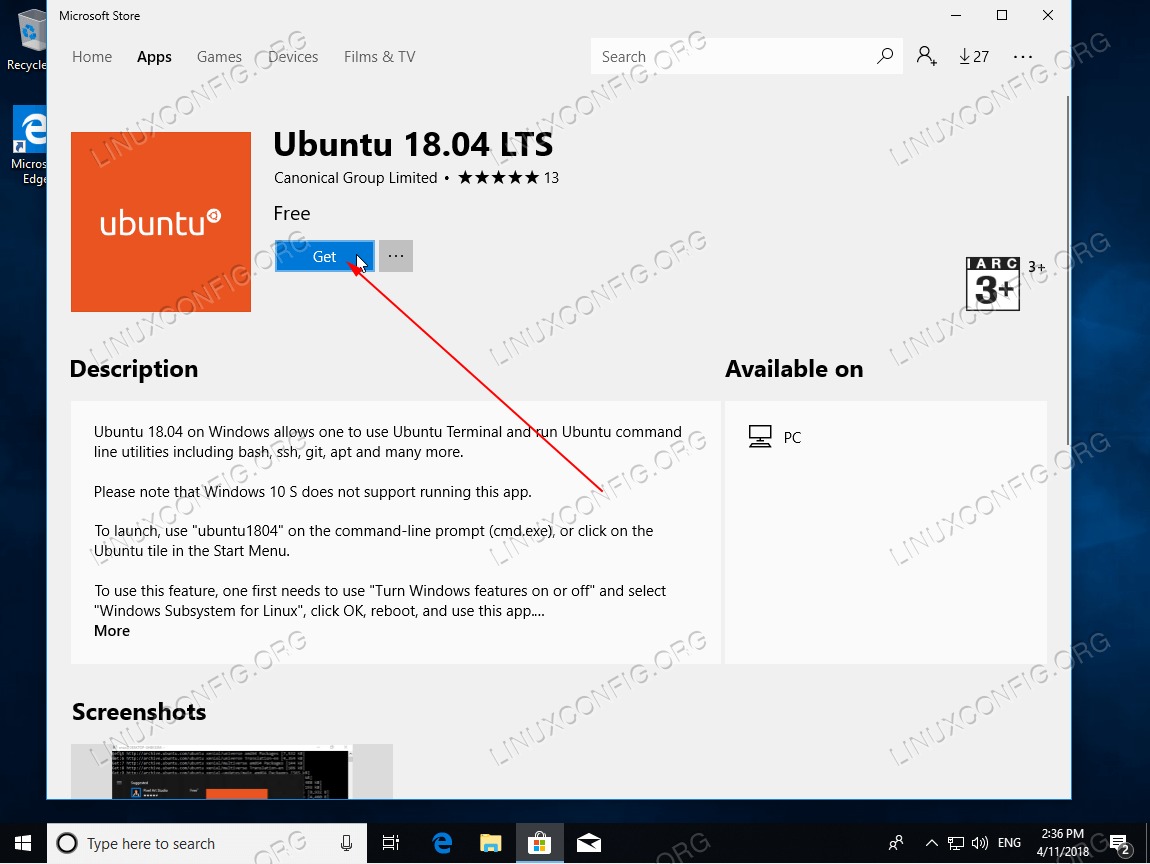 Download the Ubuntu 18.04 application from Microsoft store