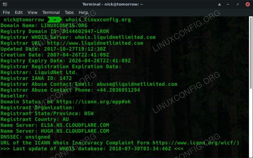 Whois Lookup of LinuxConfig