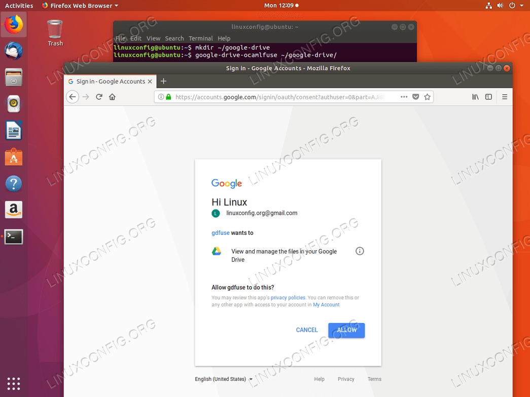 Google Drive Ubuntu mount - Allow Google Drive Access