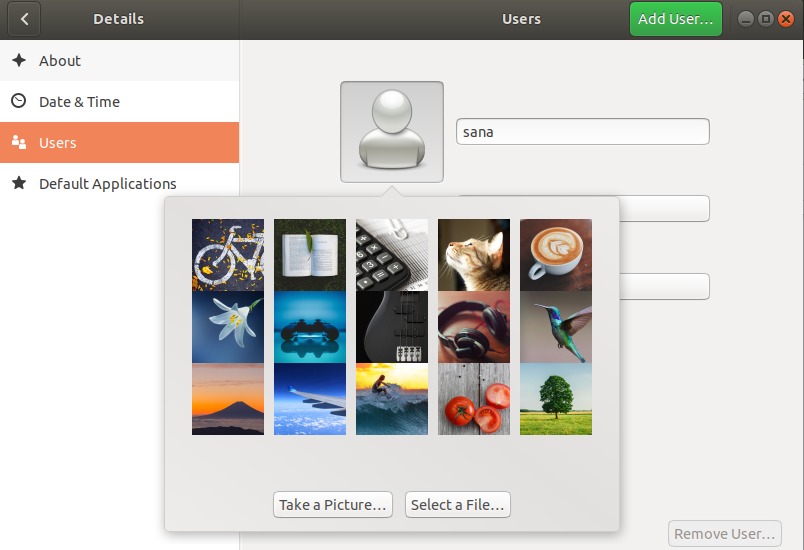 Users in Ubuntu settings utility