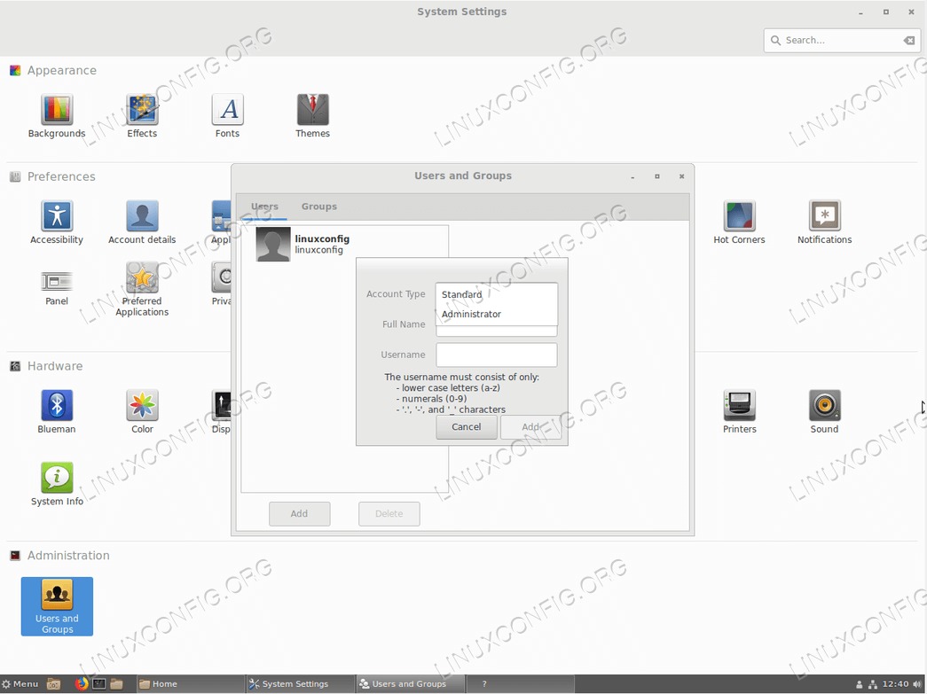 add user on Ubuntu Cinnamon Desktop