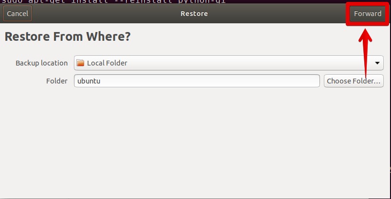 Select location to restore the backup