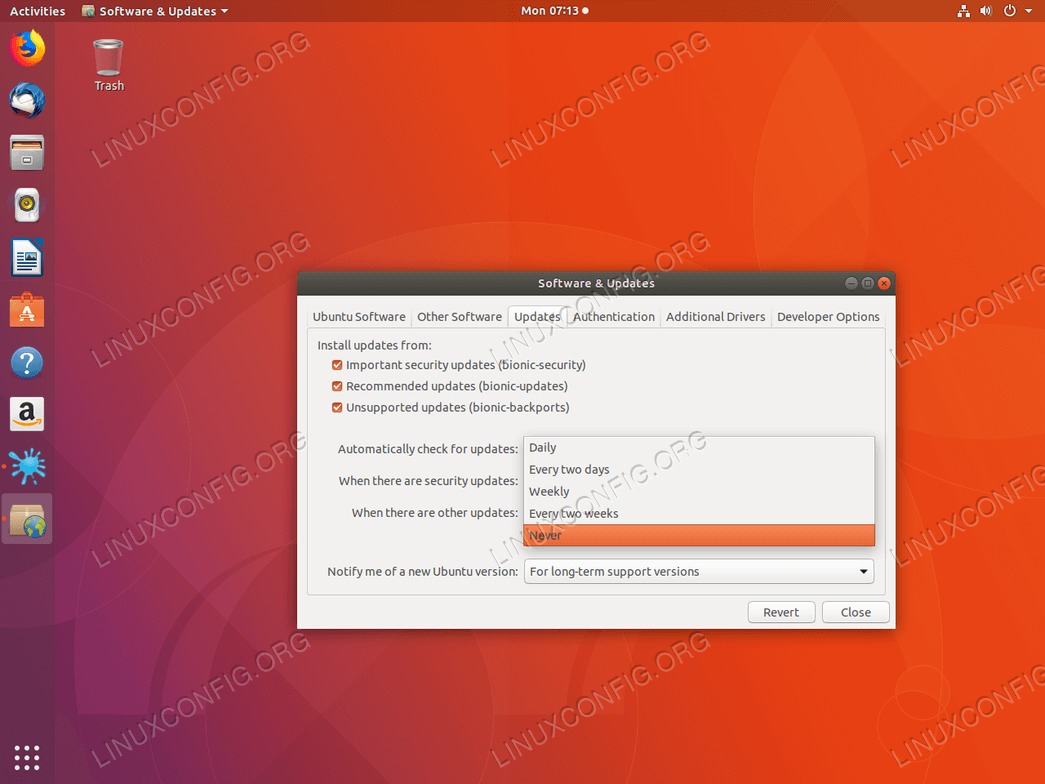 Disable automatic updates set to never - Ubuntu 18.04