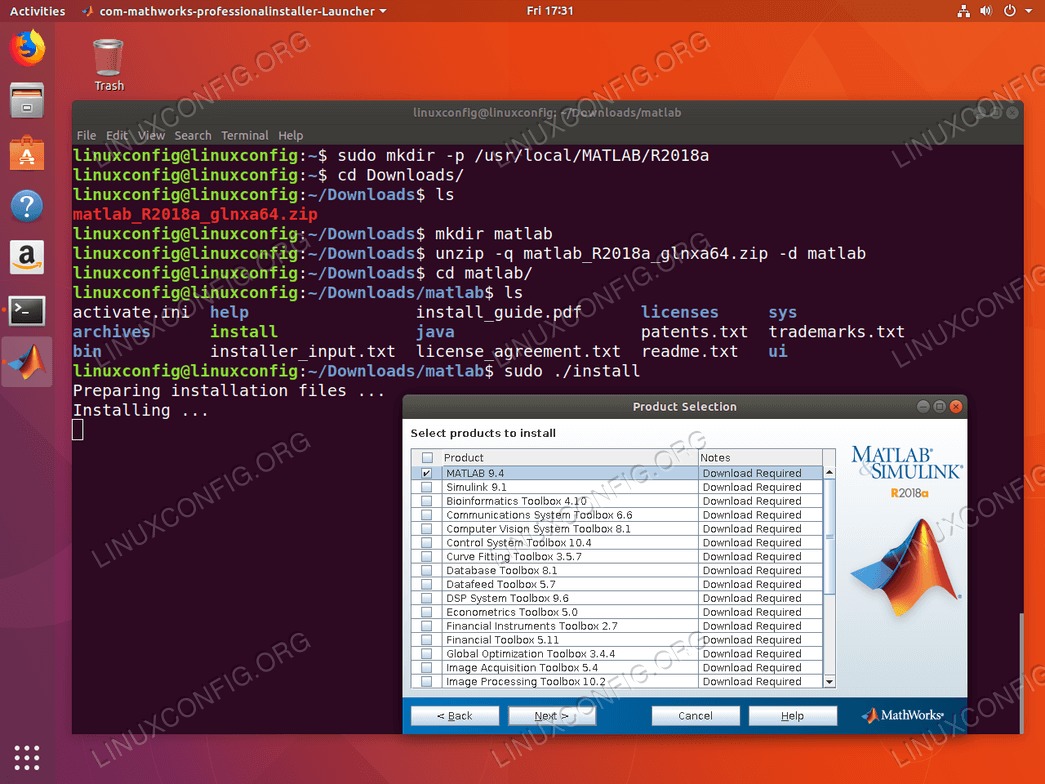 install matlab ubuntu 18.04 - Select products to install