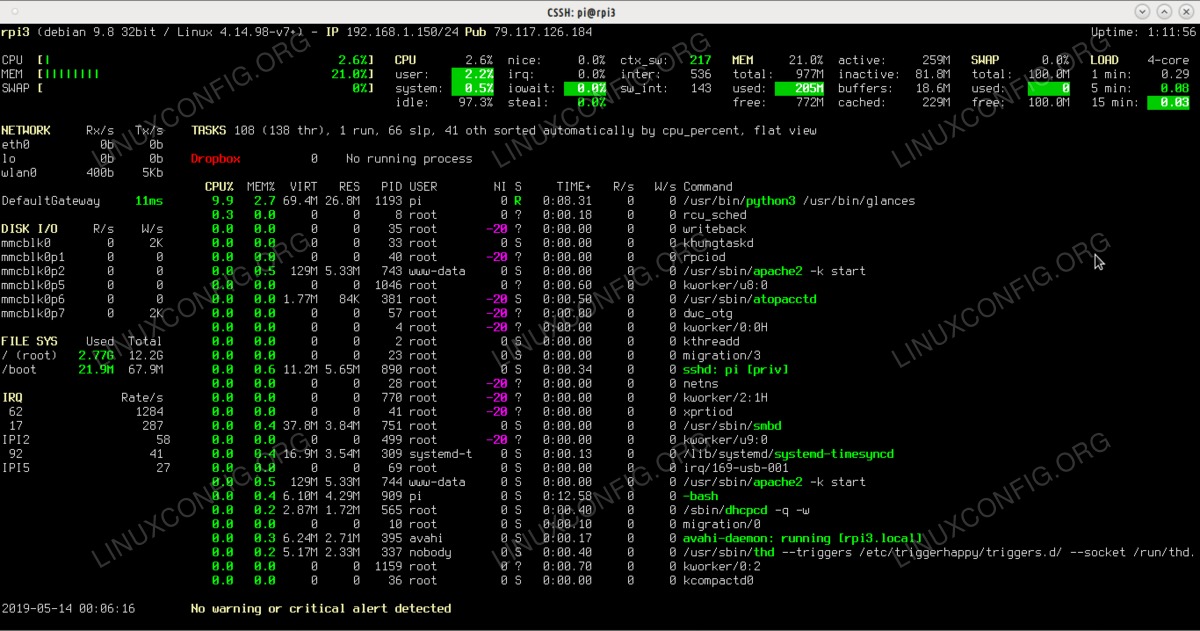 Glances displays relevant information regarding each node of your Linux cluster