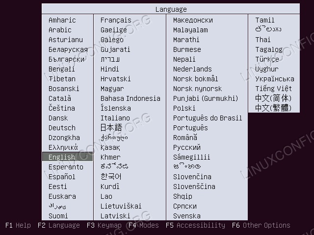 Choose language for Ubuntu installation