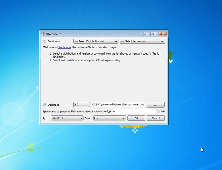 create bootable Ubuntu 18.04 Bionic USB stick on MS windows - settings