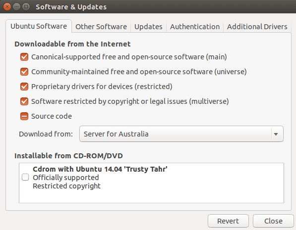 software & updates - remove CDROM apt-get source